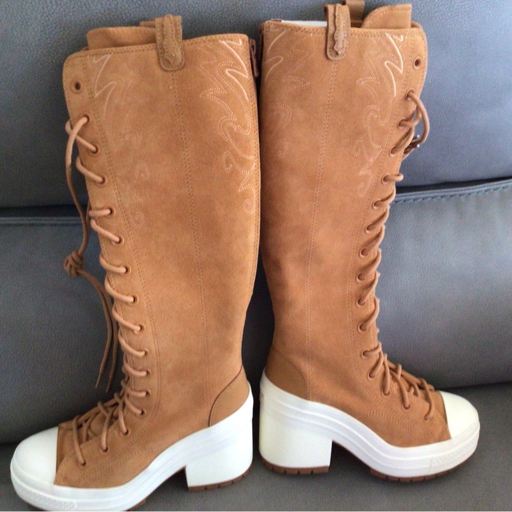 Converse Tan Over-the-Knee Lace-Up Platform Boots with White Sole